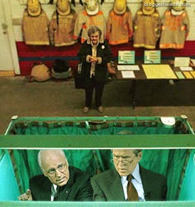Dick Cheney helps George W. Bush to vote.