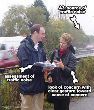 Dennis Paul with prospective MP Anne Milton expressing concern about A3 traffic noise