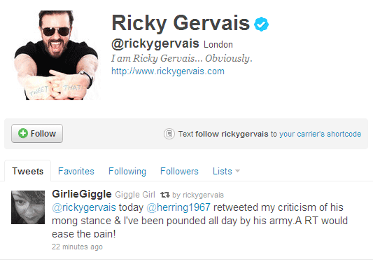 Gervais RTs an ickle victim