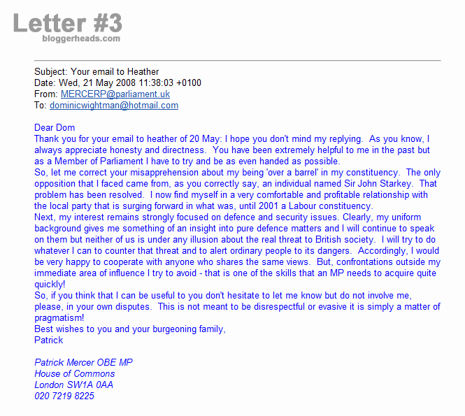 Letter 3 - email from Patrick Mercer to Dominic Wightman