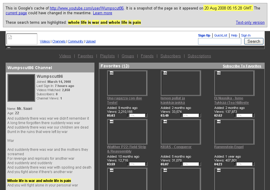 screengrab of cache of wumpscut86 youtube profile